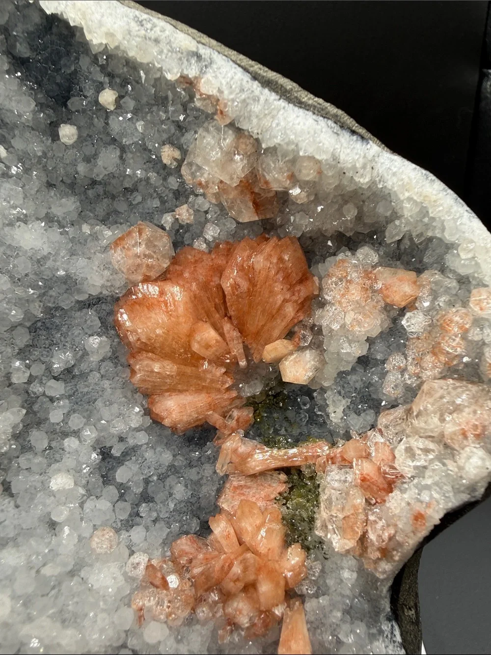 Peach Stilbite Cluster in Blue Chalcedony Geode Freeform Apophyllite & Epidote
